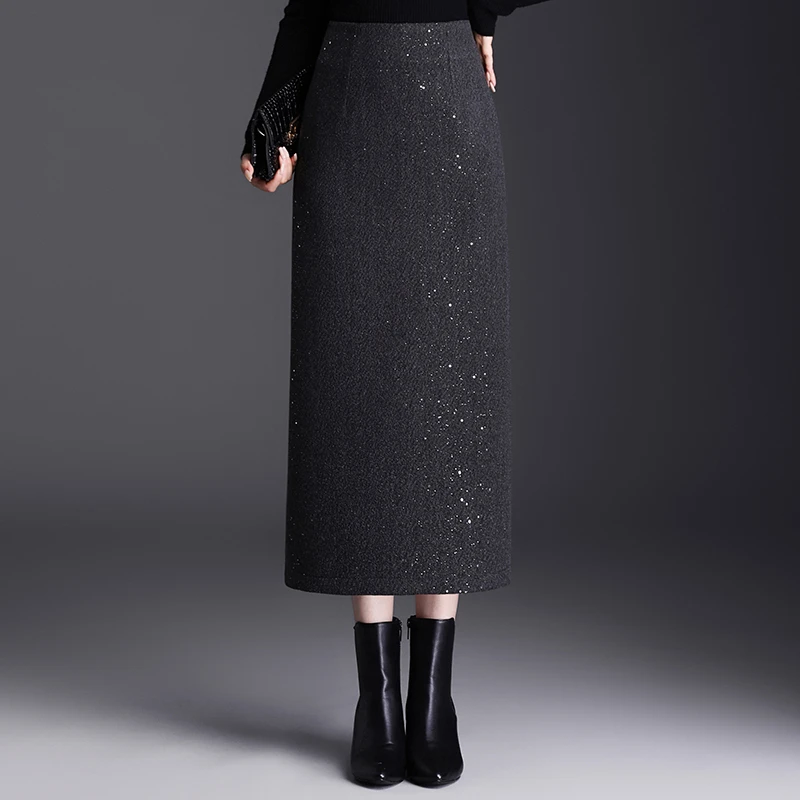 半身裙女包臀裙加厚冬裙长裙一步裙高腰后开叉显瘦亮片毛呢直筒裙