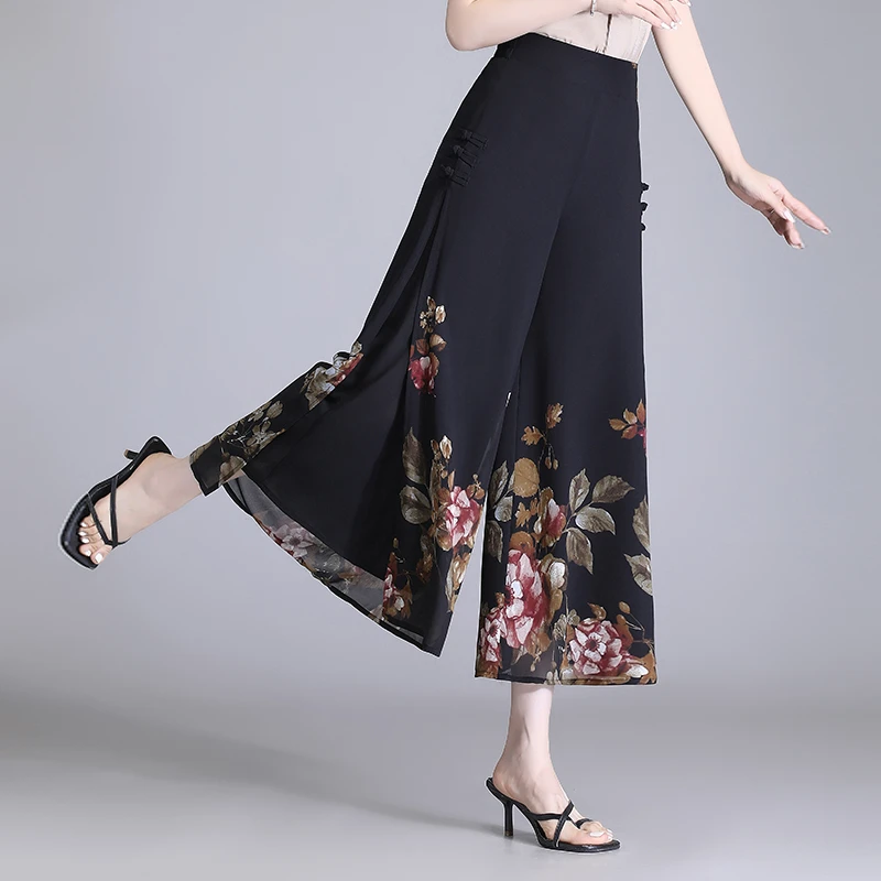 薄款九分夏季裙裤女复古印花中式盘扣高腰垂感开叉宽松雪纺阔腿裤