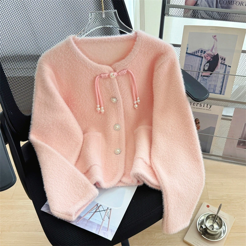 新中式短外套女春秋季薄款毛边小香风毛衣针织开衫轻国风外搭上衣