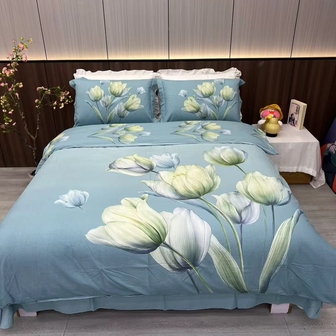 凌凌家纺新款纯棉四件套 简单爱-兰被套亲肤斜纹轻奢时尚印花加厚