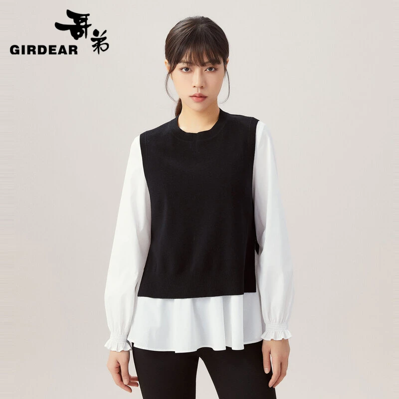 GIRDEAR/哥弟秋季针织马甲圆领百搭休闲开叉造型背心 女士1399701