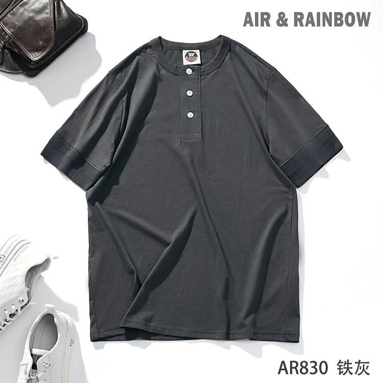 【220克精梳棉】男士宽松版夏季复古亨利领开胸纯色短袖T恤AR830