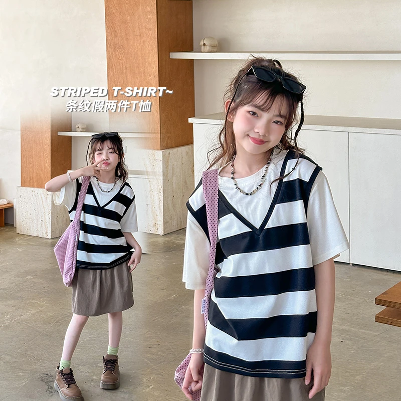 【菲菲家】女童2024夏季新款中大童韩版黑白条纹假两件T恤SY365