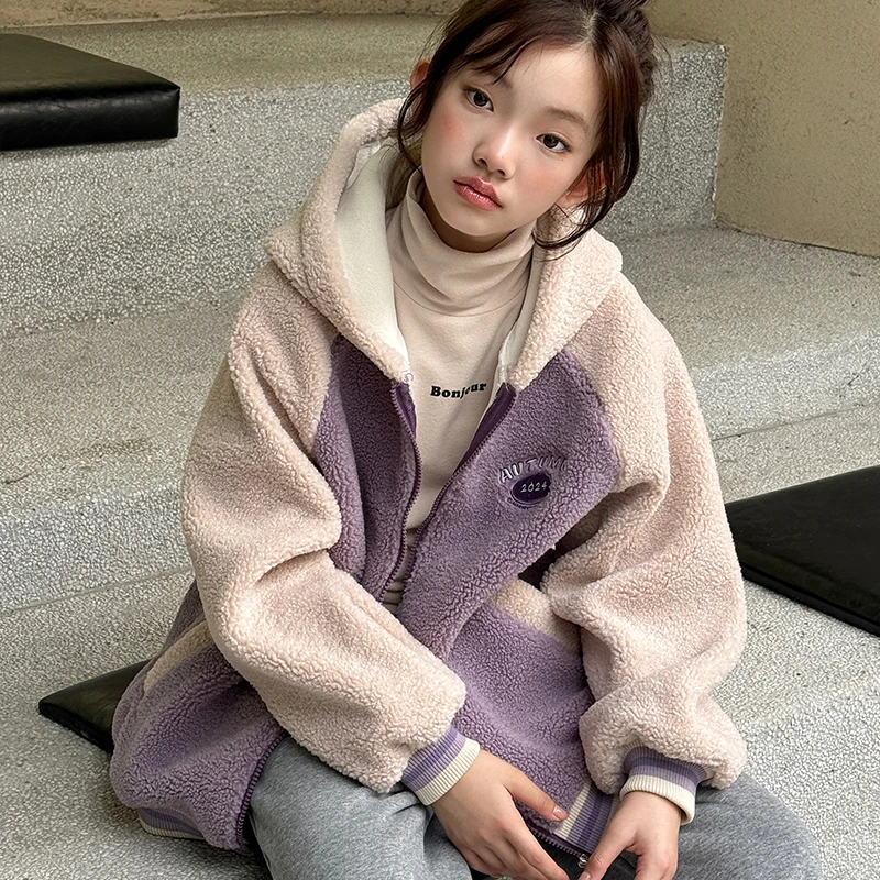 女童毛毛外套冬季加绒加厚2024新款儿童宽松撞色拼接上衣潮WS231