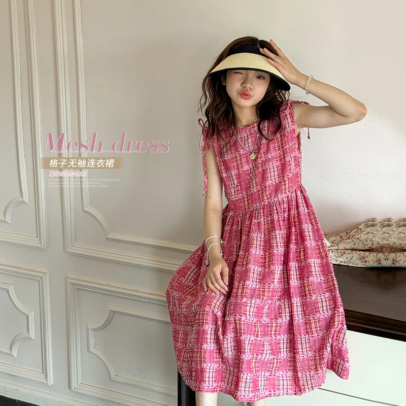 【菲菲家】女童2024夏季新款时尚显瘦格子无袖连衣裙QZ036