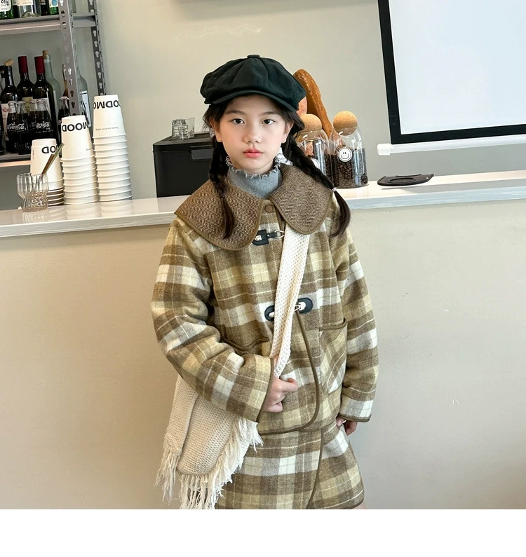女童小香风套装秋冬中大童格纹毛呢两件套WE950
