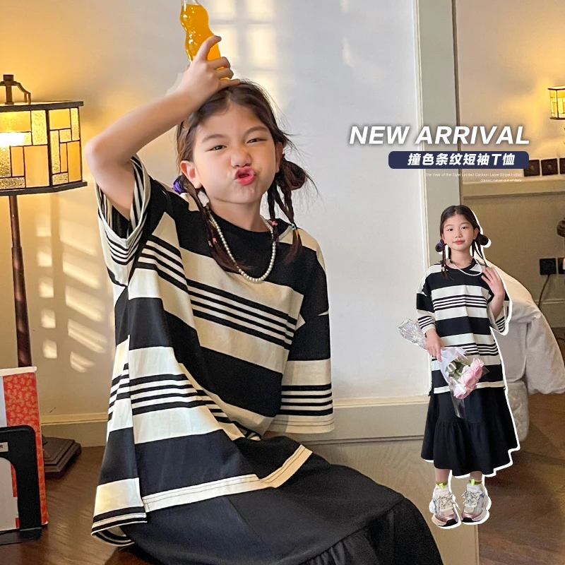 女童2023夏季新款中大童洋气宽松撞色黑白条纹短袖T恤TX335