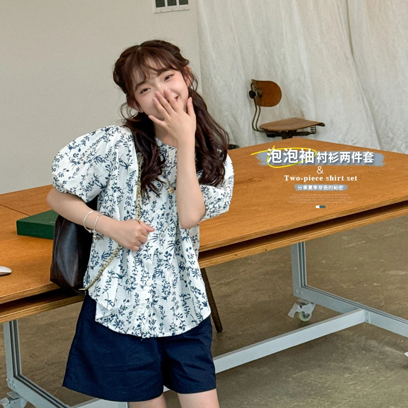 【菲菲家】女童2024夏新款清新小碎花娃娃衫宽松短裤两件套装WS057