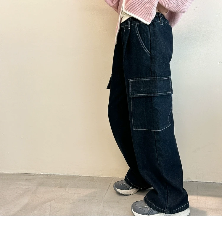 女童工装牛仔裤加绒加厚秋冬中大童软牛仔裤CH998