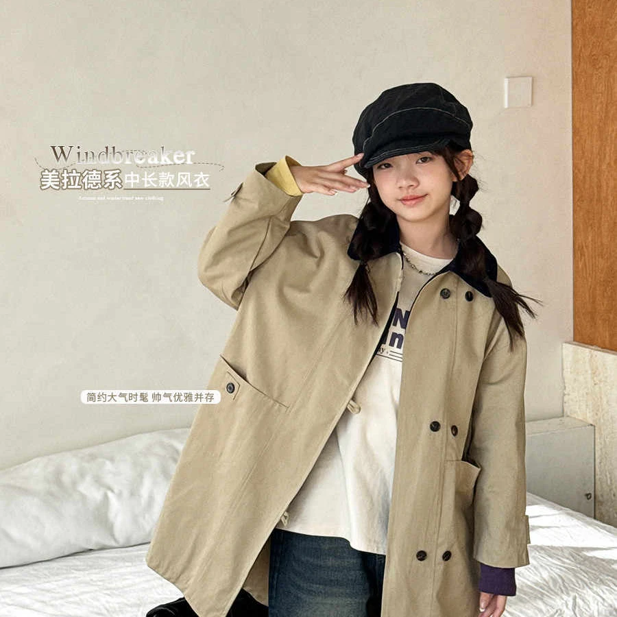 女童秋季2024新款儿童中长款宽松休闲气质童装风衣外套潮XBB015