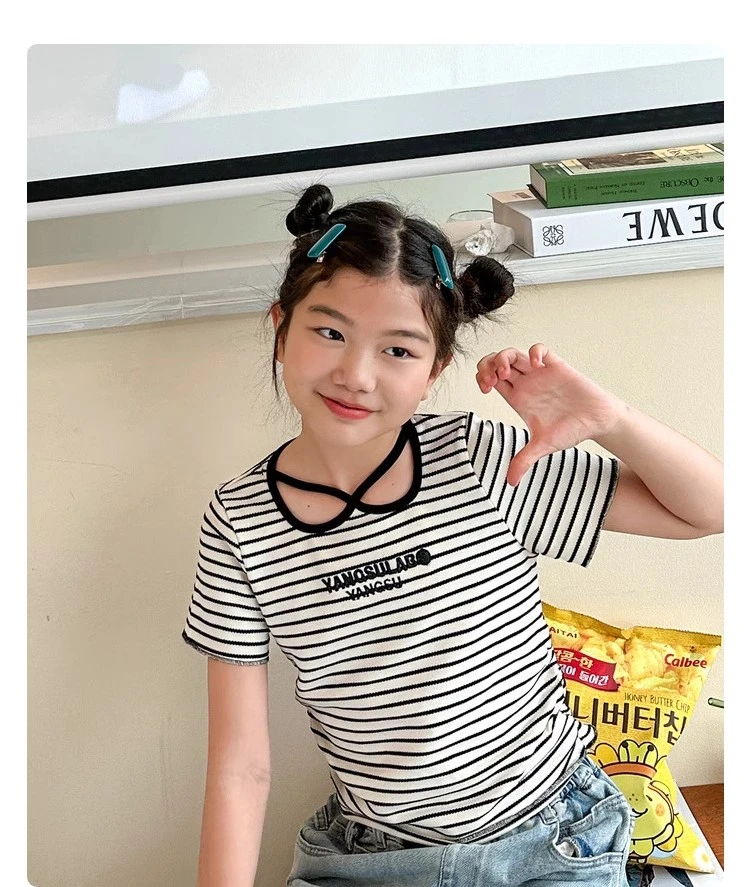 女童条纹短袖T恤夏季中大童镂空领口修身上衣SY169
