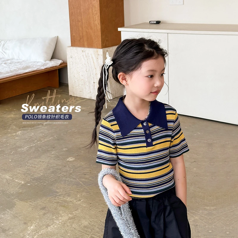 【菲菲家】女童2024夏季新款中大童百搭POLO领条纹毛衣MS706
