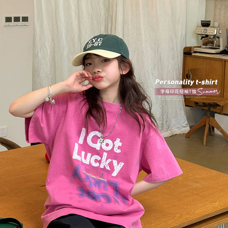 【菲菲家】女童T恤2024夏季新款中大童字母印花短袖SY272