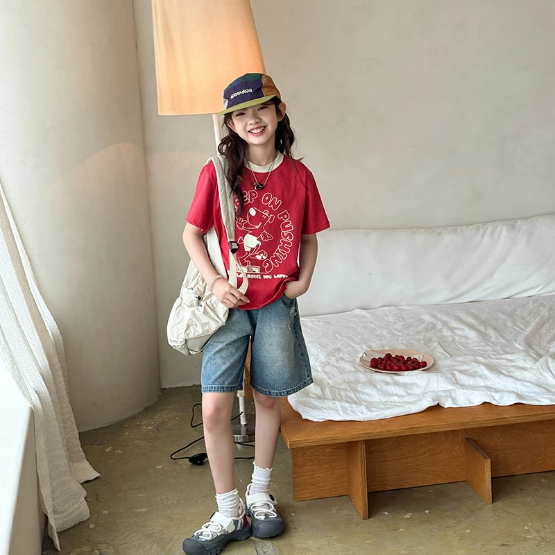 女童短袖T恤儿童简约撞色卡通印花上衣潮SY320