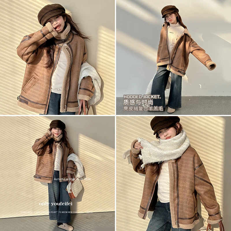 女童外套冬季加绒加厚2024新款儿童内里羊羔毛保暖夹克上衣WS200