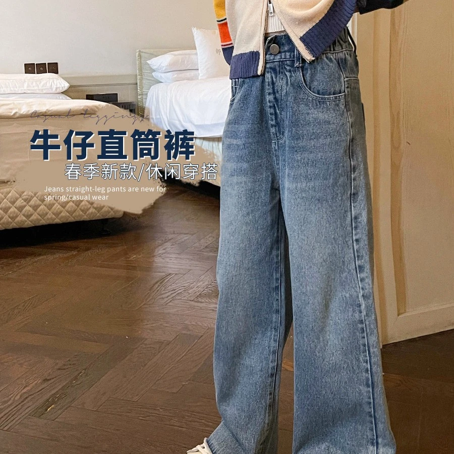 女童裤子春装新款儿童韩版宽松毛边牛仔裤中大童直筒裤CH801