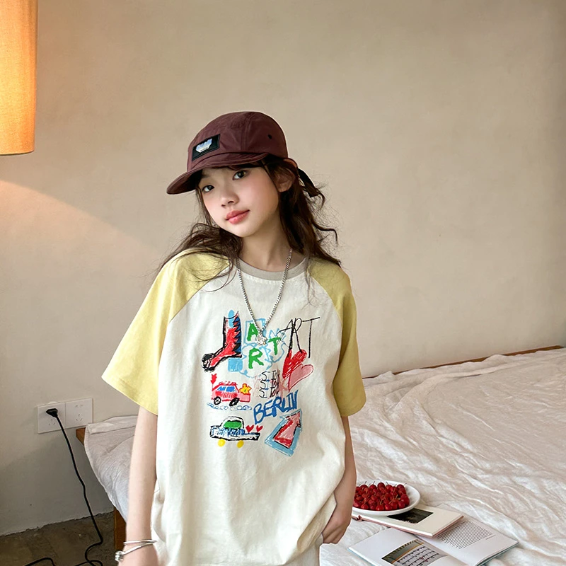 【菲菲家】女童T恤夏季2024新款宽松撞色印花儿童休闲短袖潮SY251