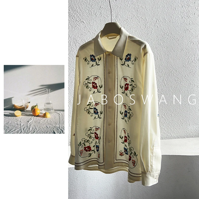 S040高级感重磅刺绣衬衫2024早秋精致宽松显瘦独特时尚上衣女装