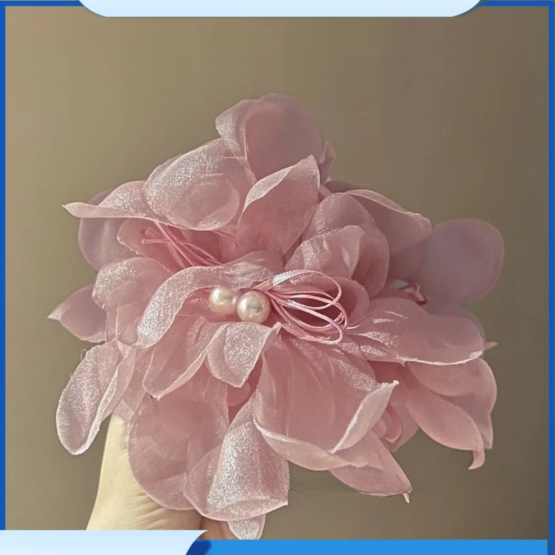 花朵抓夹大号气质头饰盘氛围超仙感雪纺鲨鱼夹轻粉色百搭发夹头饰