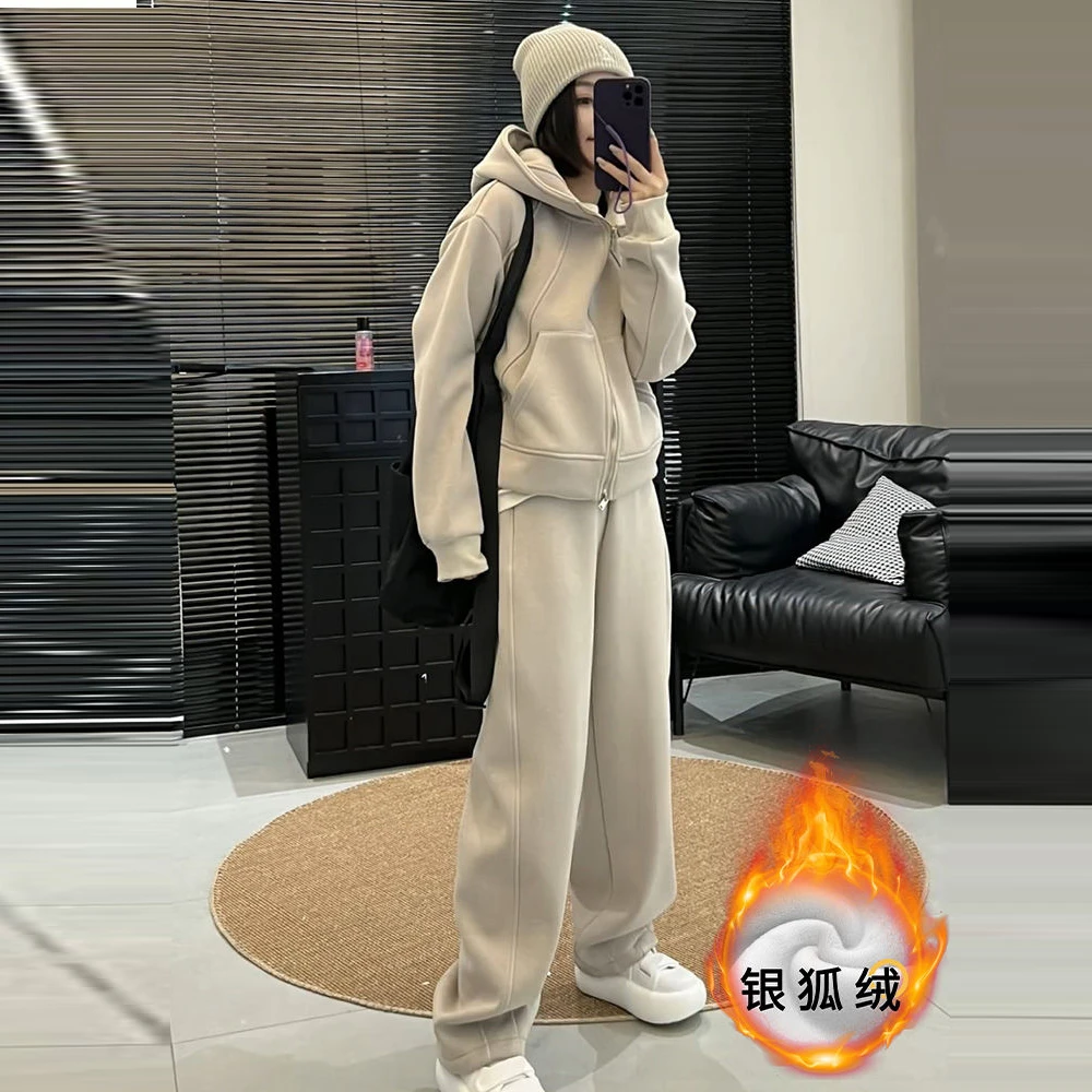 春秋新款新款休闲时尚运动加绒加厚套装连帽遮肉阔腿裤女卫衣套装
