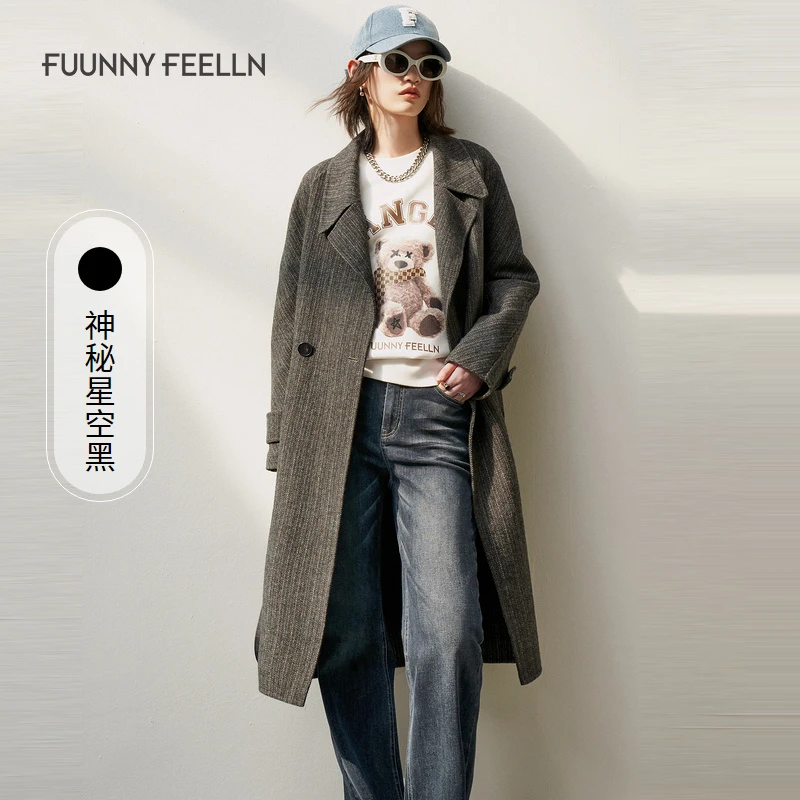 仿佛秋冬季复古毛呢时尚外套女中长款双面呢格纹大衣女FL00246