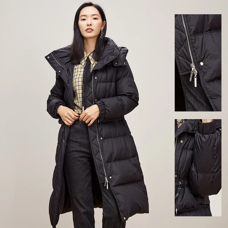 FF仿佛休闲时尚女士中长款黑色连帽白鸭绒羽绒服女FR00211