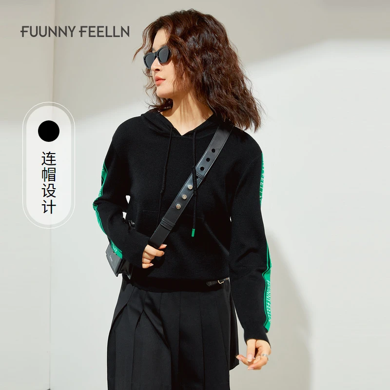 FF||仿佛秋冬连帽卫衣女外套黑色套头休闲宽松FZ00940