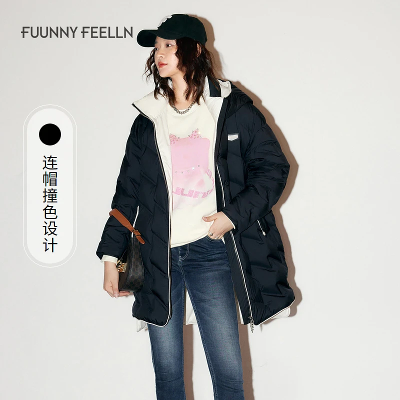 黑色中长款外套冬季加厚保暖舒适高端连帽防风时尚羽绒服FR00478
