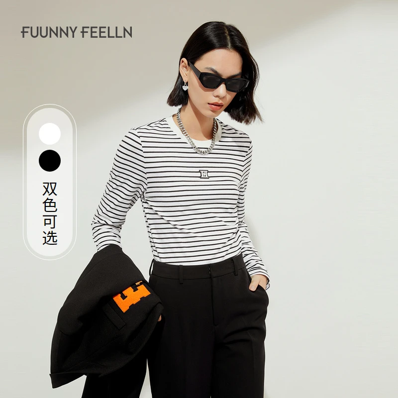 【九月专属】FF年秋冬T恤女针织薄款长袖条纹修身长袖针织衫FM00704
