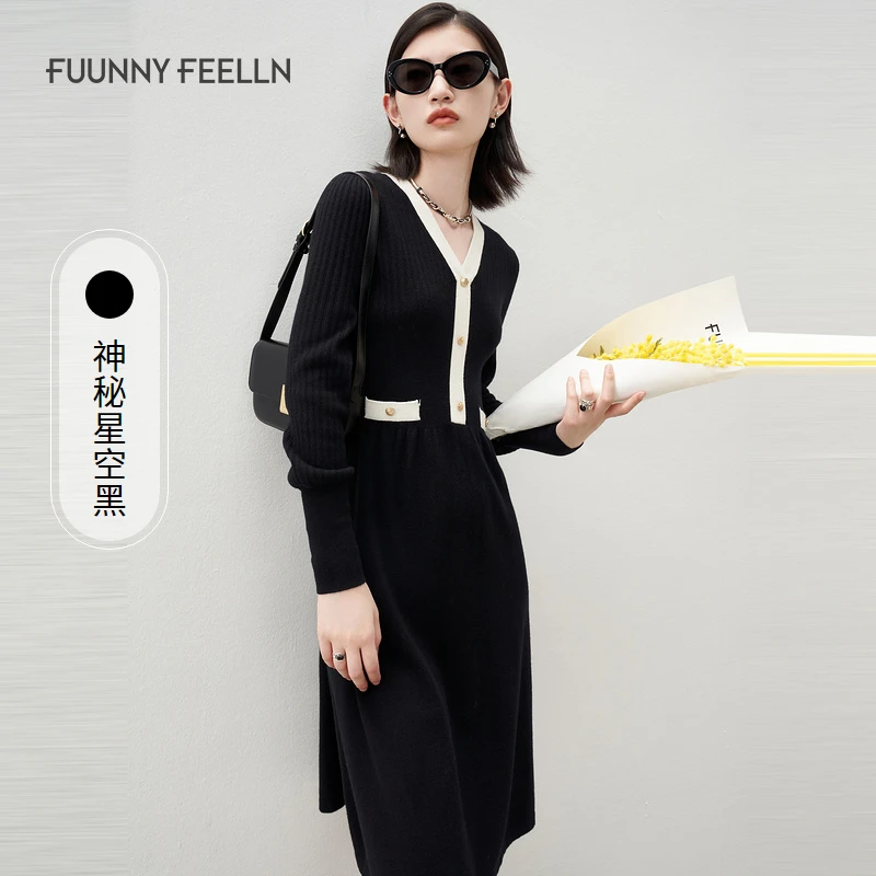 仿佛秋季撞色羊毛连衣裙长袖显瘦收腰气质黑色中长款针织FF01193