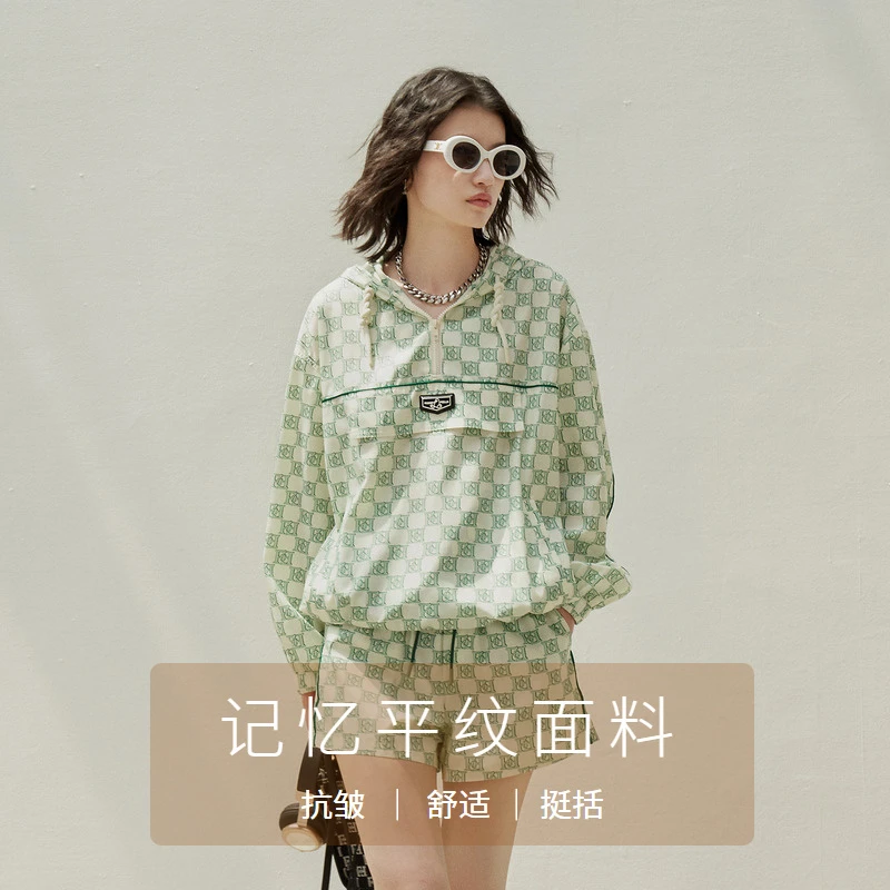 【达人专属】FF|仿佛卫衣绿色舒适女老花格子运动休闲上衣FC00434薄