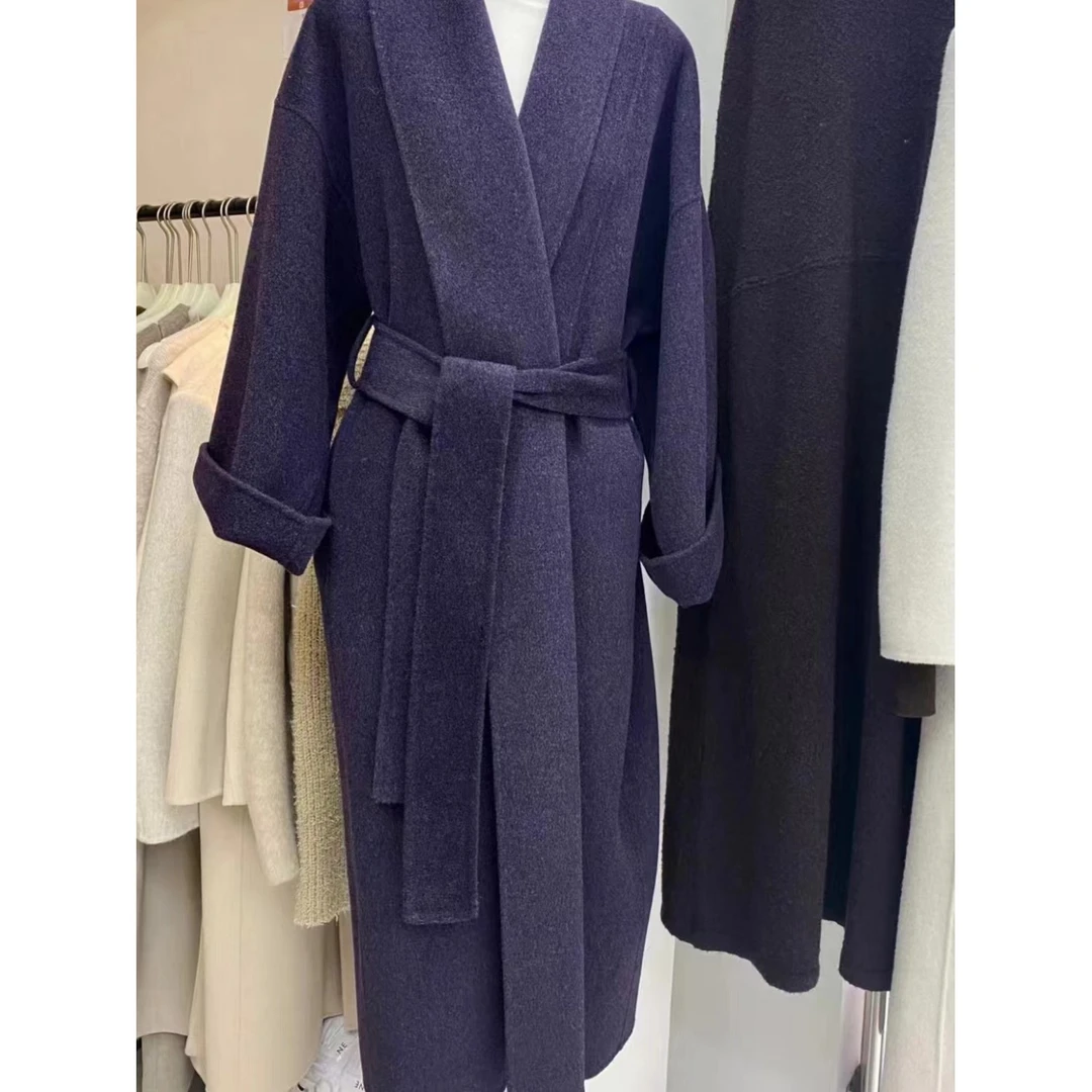 秋冬千金绵羊毛双面呢浴袍系带大衣女氛围感韩版紫长款外中长款