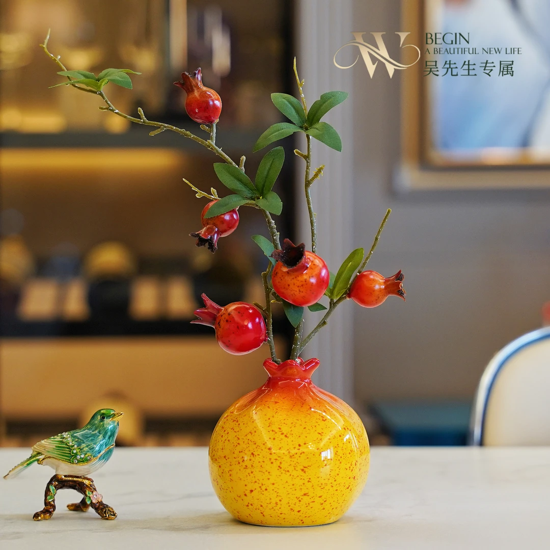 石榴果仿真简约创意室内软装花卉陶瓷花瓶客厅装饰道具拍照