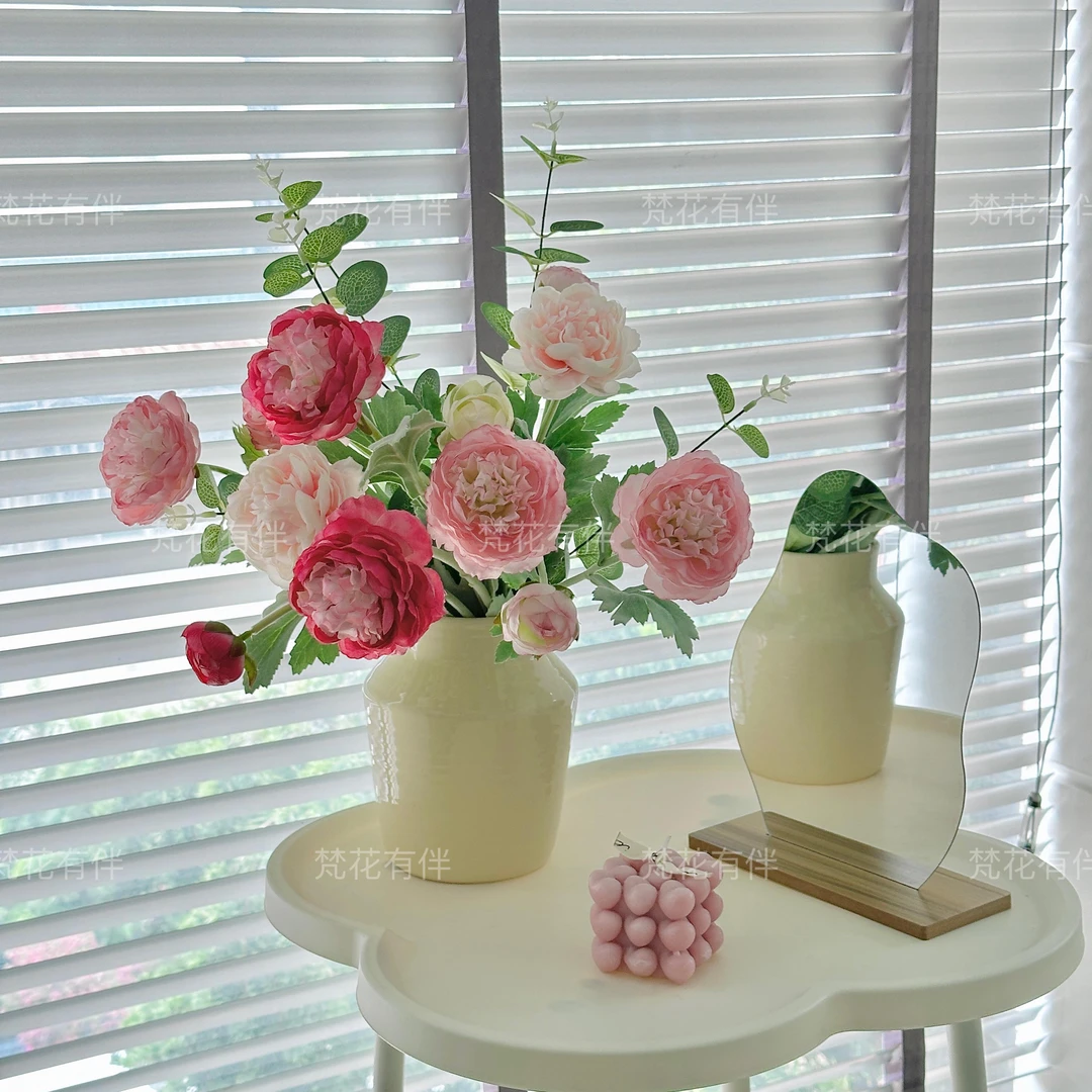 露莲仿真花假花花束客厅餐桌花艺摆件洋牡丹装饰桌面插花陶瓷花瓶