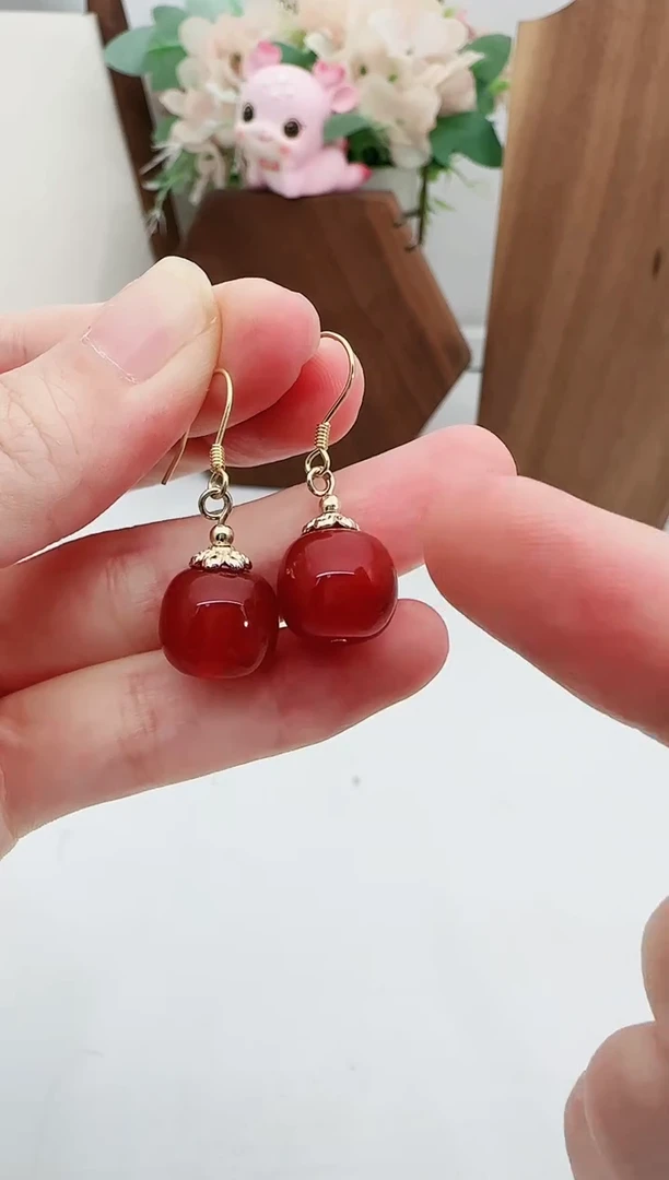 【闪购商品】玛瑙/玉髓耳钩银S925镶嵌红玛瑙耳钩