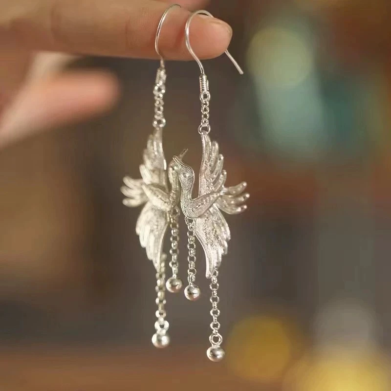 足银耳饰 青鸾鸟 花丝耳环 女民族风复古耳饰