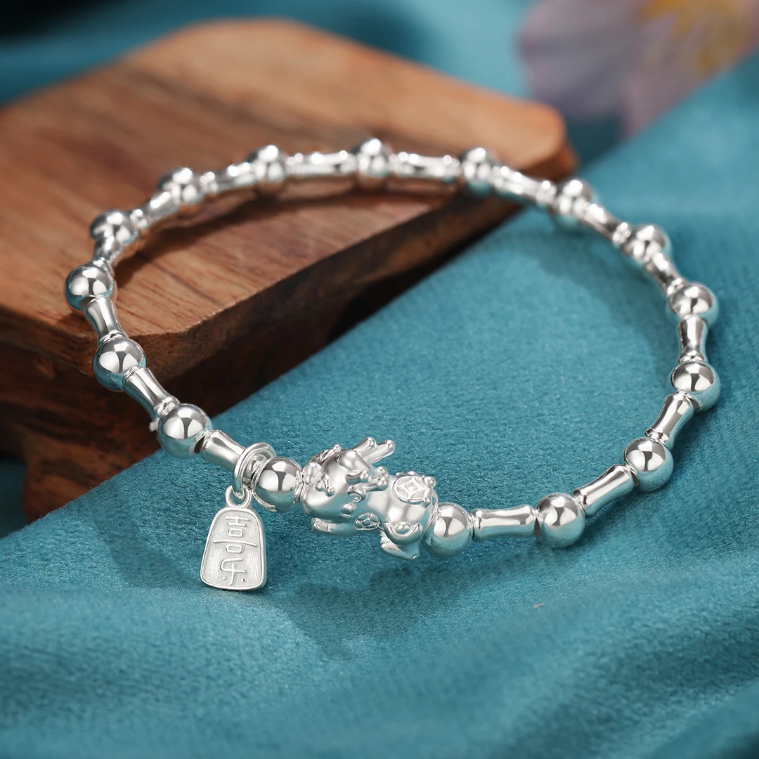 足银手链 足银貔貅竹节手串纯银手链本命年送女友七夕情人节礼物