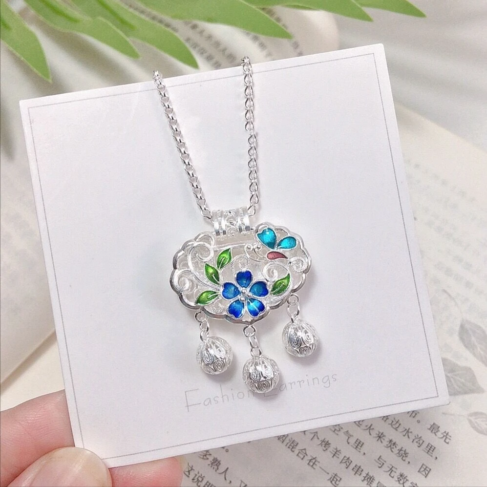 吊坠足银 珐琅彩花丝平安锁 传承花丝工艺