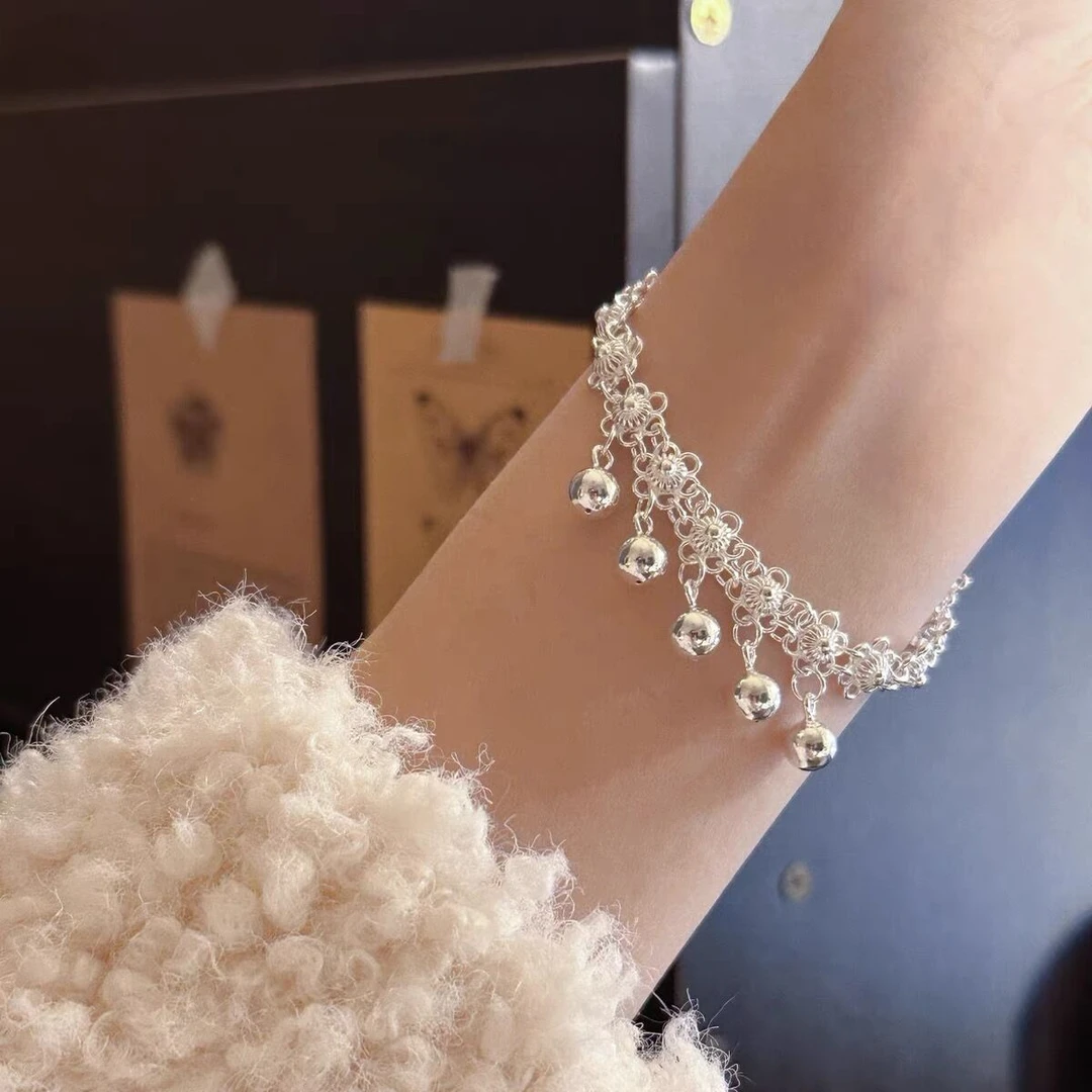 足银手链 平安鼓梅花风铃手链