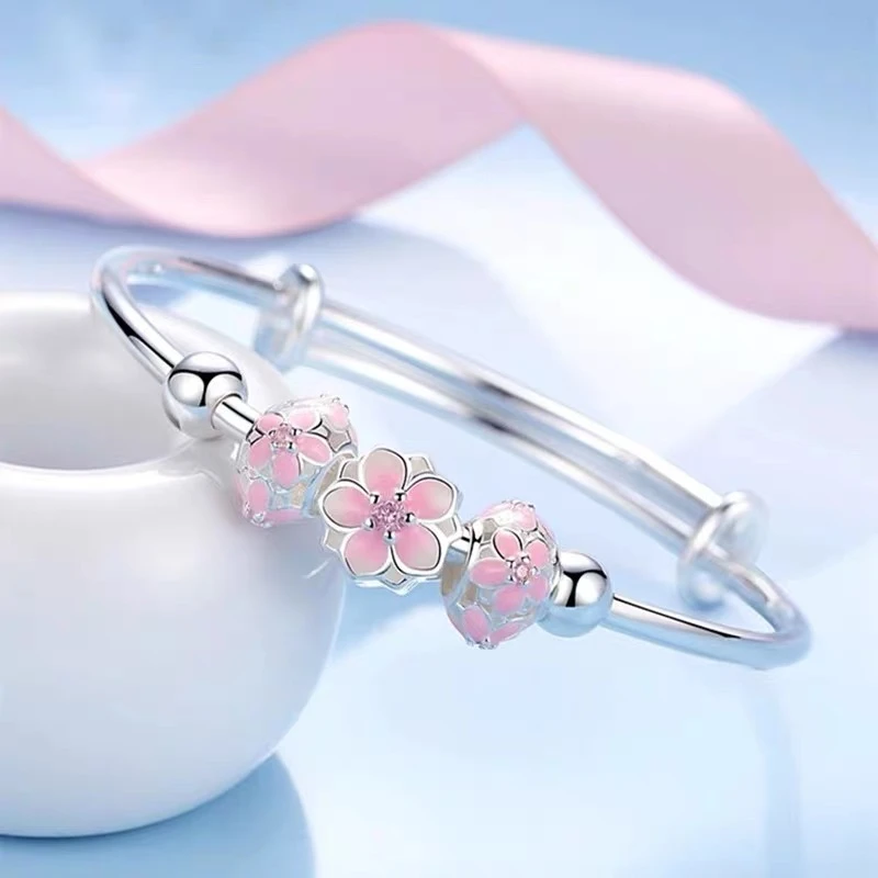 足银手镯 粉色樱花花朵手镯