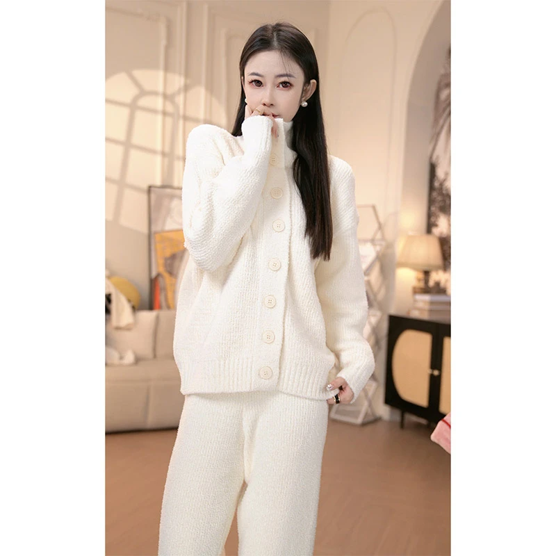 新品睡衣女士秋冬半边绒加厚软绵绵长袖开衫套装女家居服