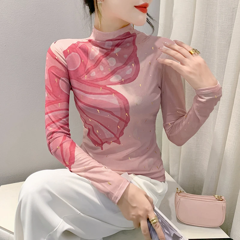 2023秋新款蝴蝶印花气质显瘦上衣欧货T恤半高领打底衫女网纱长袖