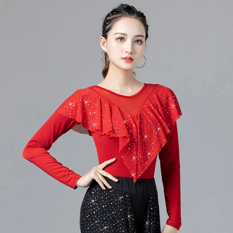 摩登舞上衣女新款时髦网纱舞衣跳舞练功服广场舞蹈服国标舞拉丁舞