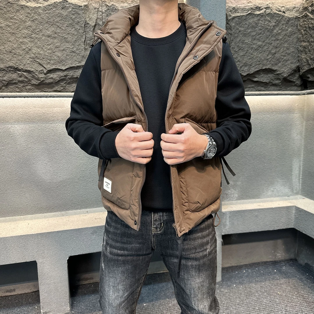 2024秋冬新款工装纯色轻盈羽绒棉带帽马甲男款