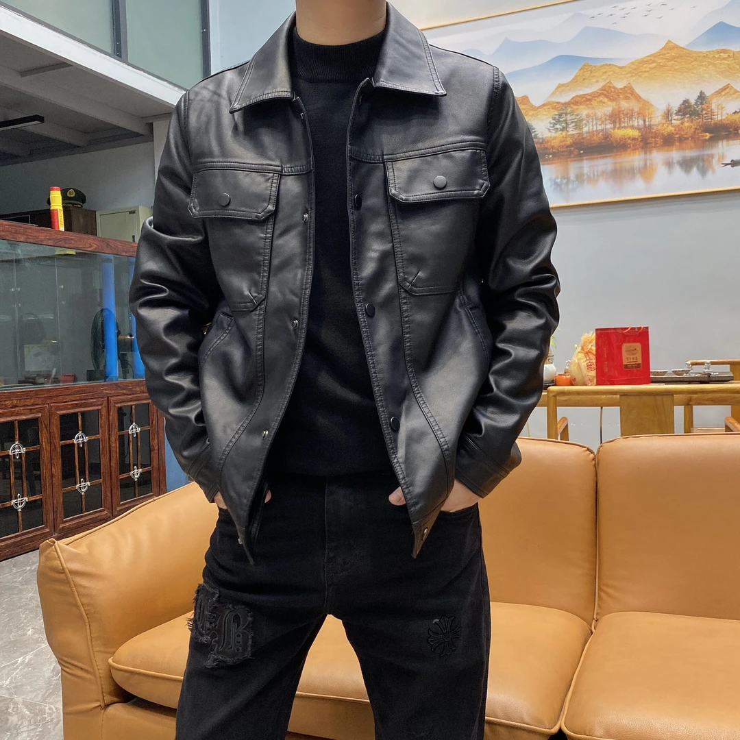 铭成新款时尚修身加绒PU机车痞帅翻领短款百搭纽扣夹克外套男