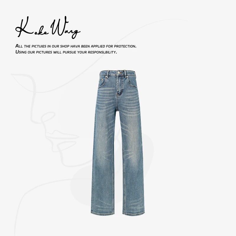 KOKO WANG"四季强推"纯牛无弹水洗磨白高腰直筒显瘦牛仔裤3102141