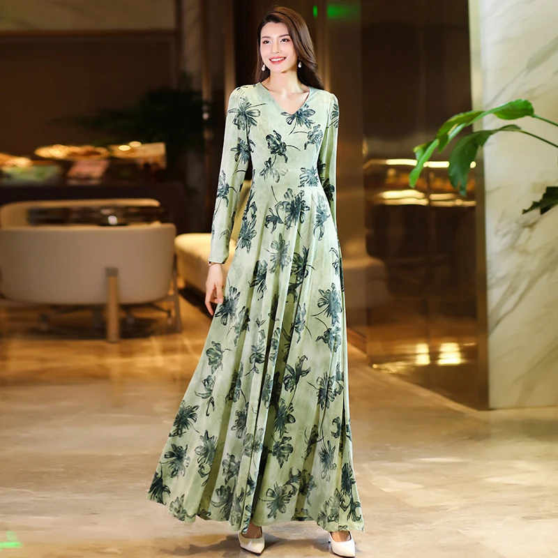 优雅连衣裙长袖印花长裙时尚气质显瘦V领秋季长款大摆裙子女春季