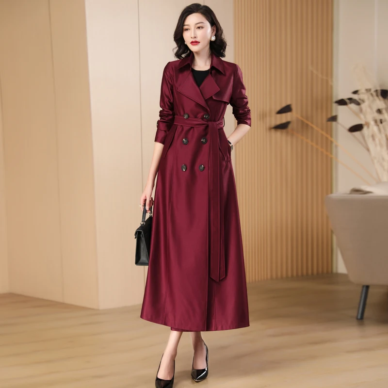 酒红色风衣女长款2023春秋季新款超长显瘦垂感外套过膝脚踝大衣女