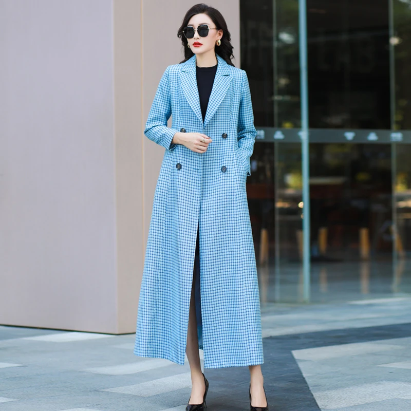 风衣女长款2022新款格子英伦风双排扣外套春秋气质收腰显瘦外套女