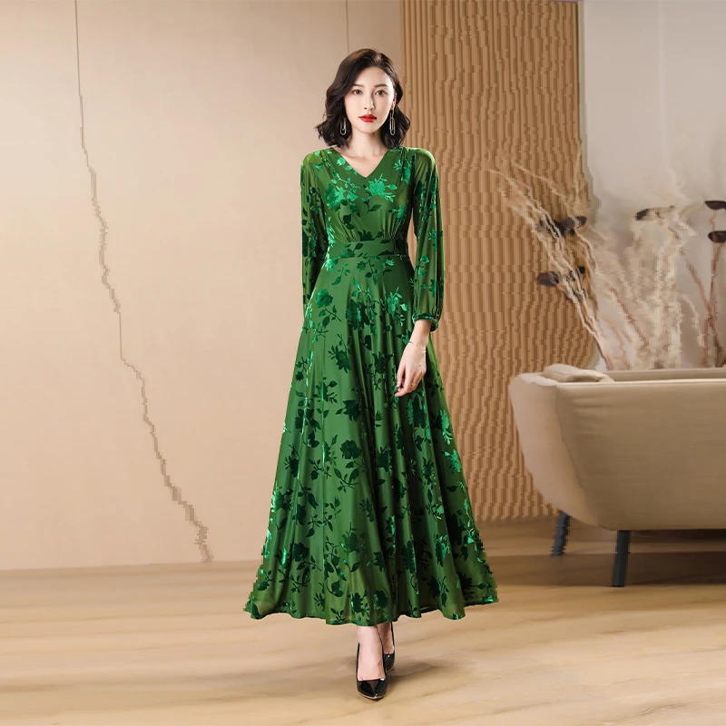 春秋连衣裙显瘦大摆长款到脚踝长袖